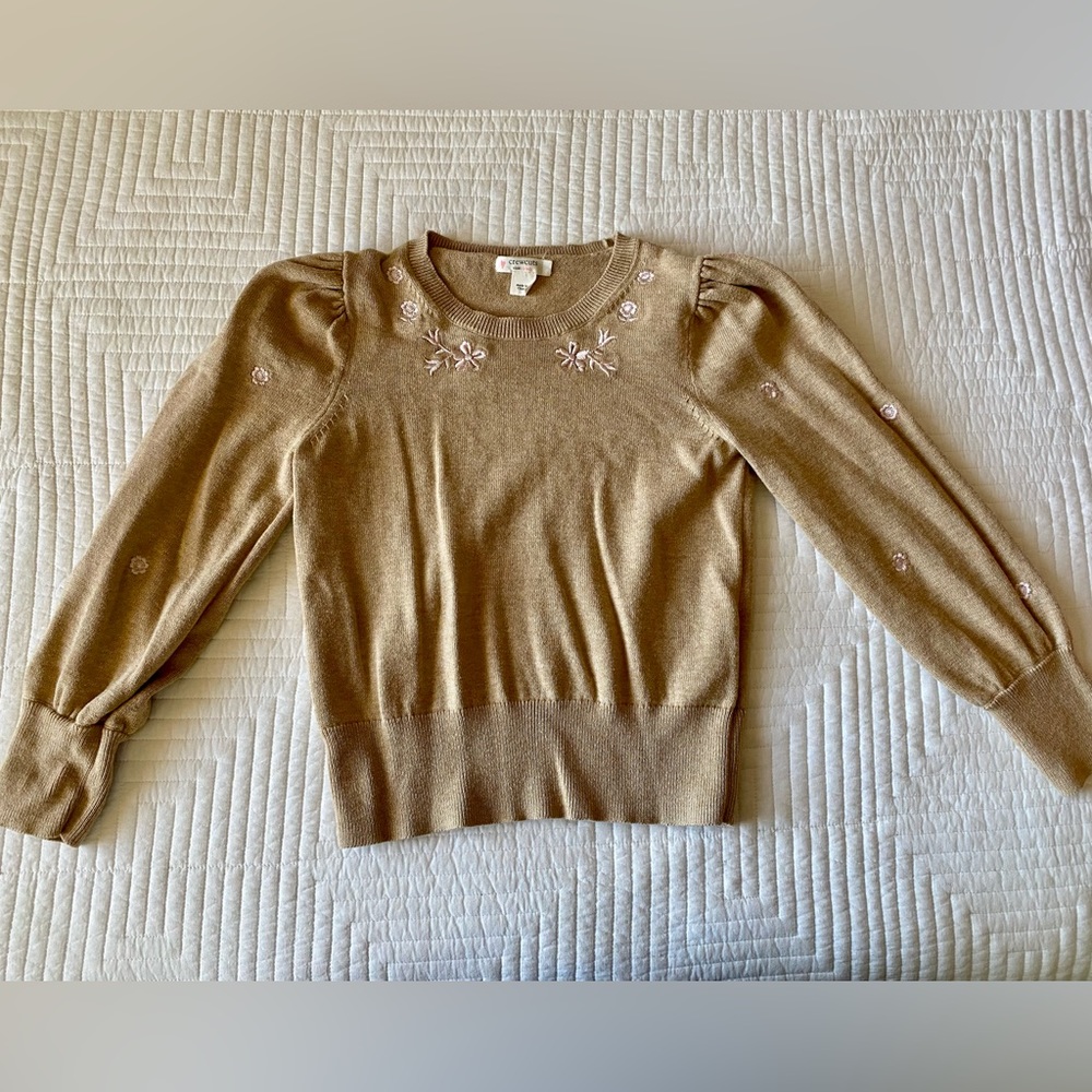 J. Crew Embroidered Puff Sleeve Sweater S 6-7